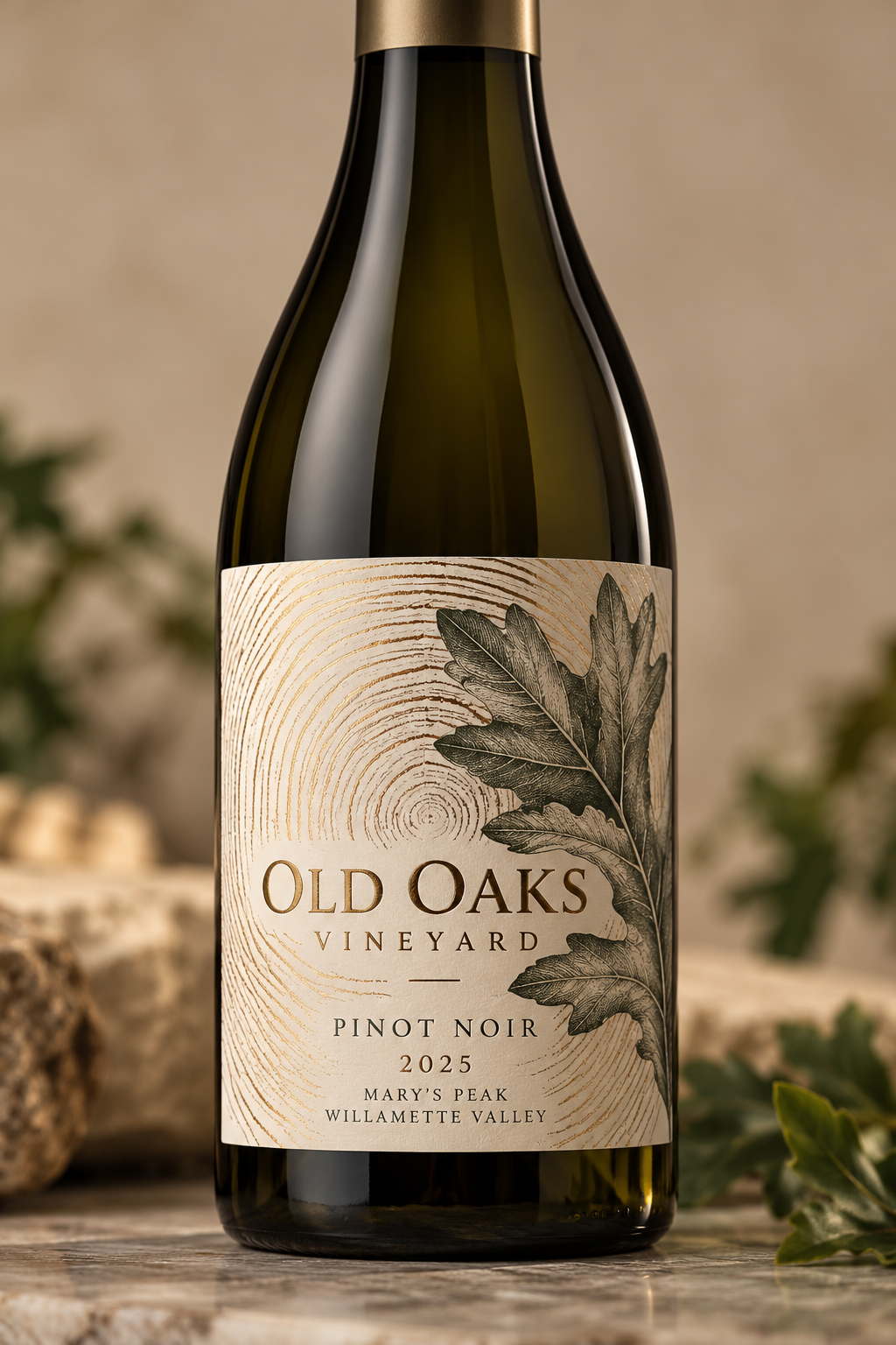 Concept bottle of Old Oaks Vineyard Pinot Noir with oak-leaf engraving and bronze tree rings